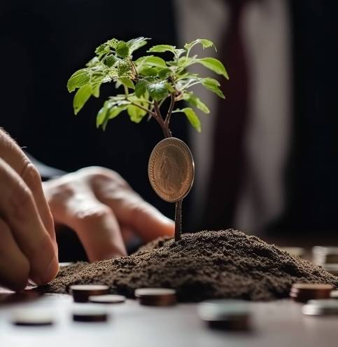 Financial Investment: Businessman Cultivating a Money Tree on a Pile of Coins